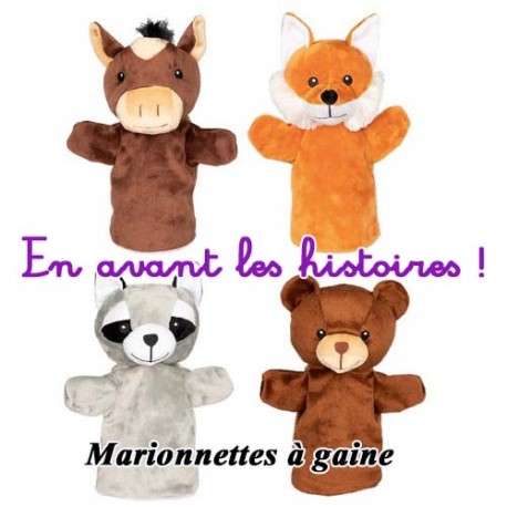 Set de 4 Marionnettes à gaine : cheval, renard, raton-laveur, ours - GOKI