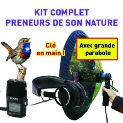 Kit complet pour preneur de son nature : micro grande parabole + enregistreur + casque + pare-vent