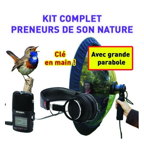 Kit complet pour preneur de son nature : micro grande parabole + enregistreur + casque + pare-vent